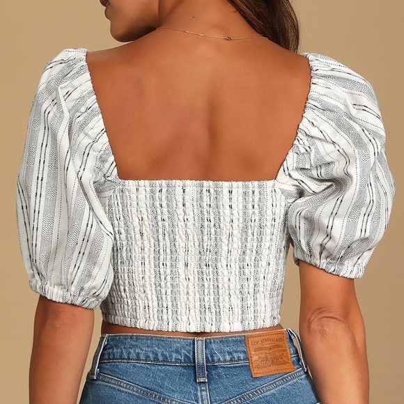 Lulus Black Striped Knot-Front Puff Sleeve Crop Top, Size Large, Black /… - Picture 5 of 10